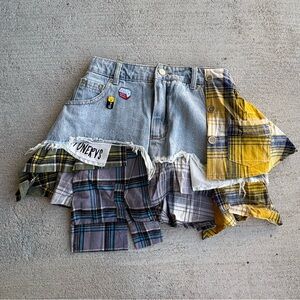 Plaid Patchwork Denim Skirt with Frayed Hem